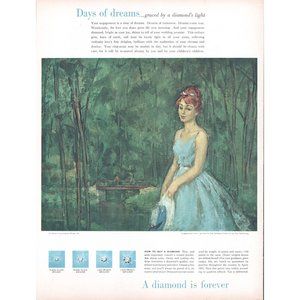 1961 DeBeers Diamond Mines Vintage Print Ad Engagement Time Carl Setterberg Art